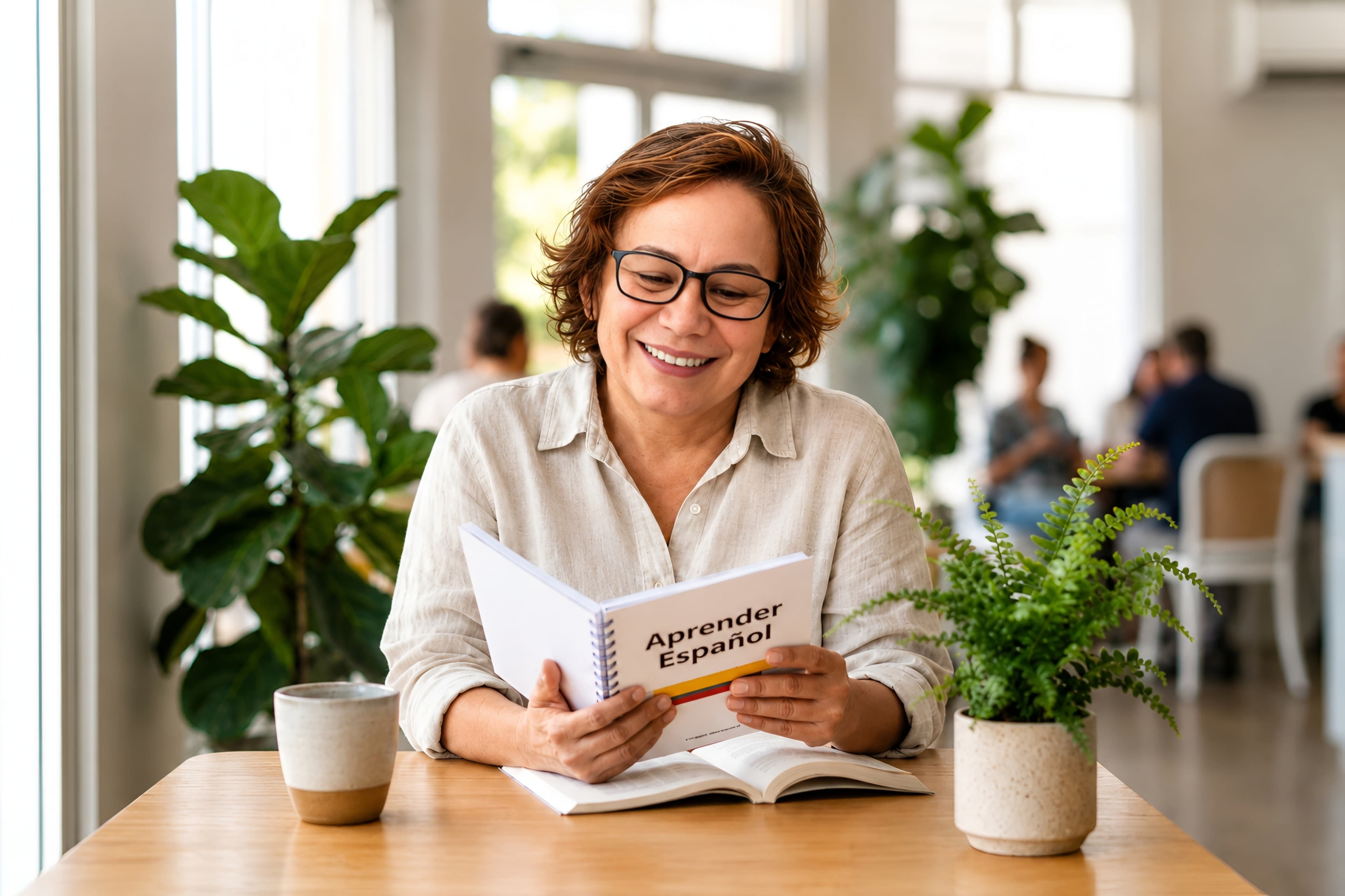 Maria reading Spanish learning material beside plants